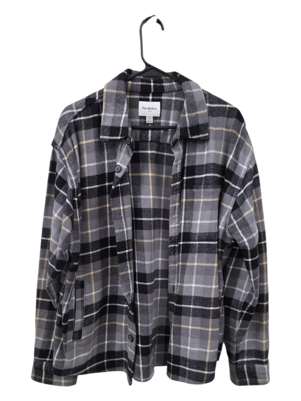 Goodfellow & Co Black and Gray Plaid Button Front Shacket Large Heavyweight